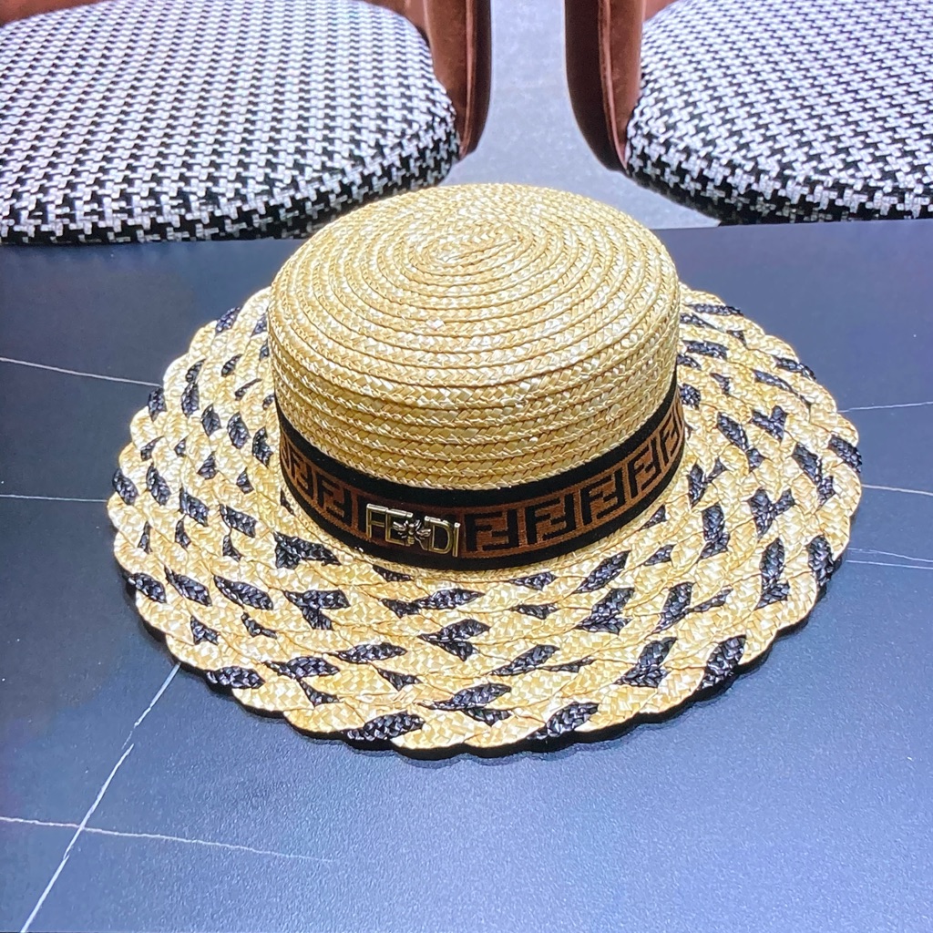 Fendi Ff Logo Patterned Straw Boater Hat